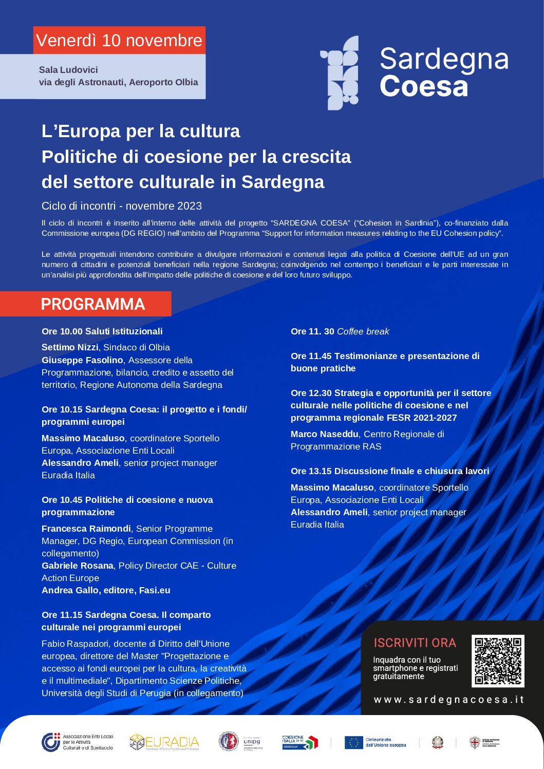 A Olbia il 10 novembre l’ultimo workshop sulle Politiche europee di coesione sociale