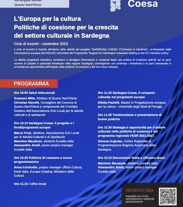 Il 7 novembre a Quartu il workshop sulle politiche europee per la cultura